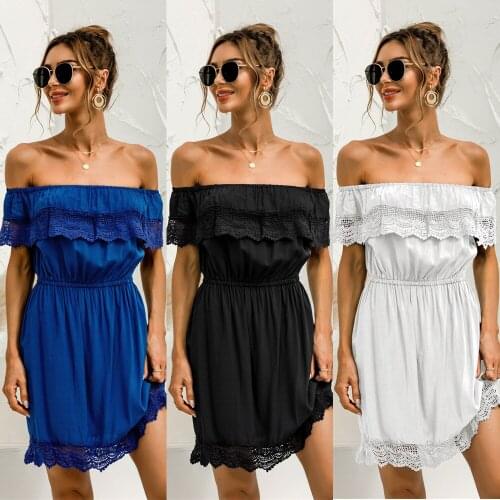 Summer Women Dress Off The Shoulder Sexy Lace Patchwork Sleeveless Solid Color Elegant Fashion Casual Female Vestido C2494