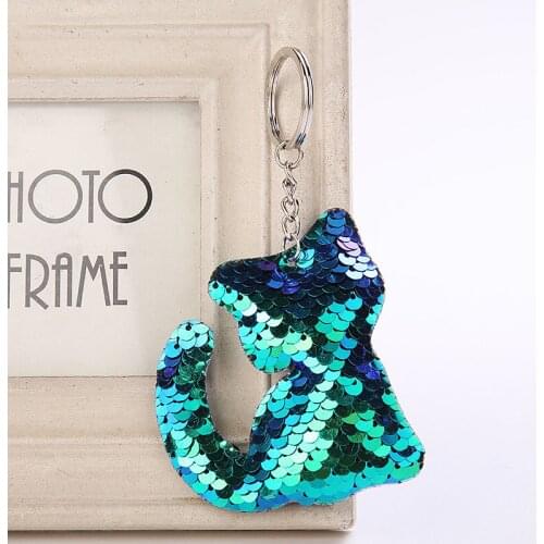 Fashion Cat Keychain Glitter Pompom Sequins Key Ring for Women Gifts Charms Car Bag Accessories Key Chain K2119