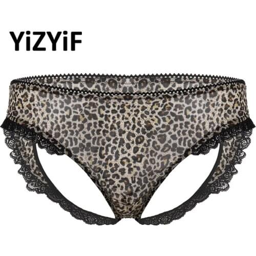 Mens Underwear Leopard Print Sheer Mesh Jockstrap G-string Briefs Gay Underwear Sexy Heart Shaped Open Butt Lace Sissy Panties