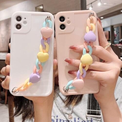 Luxury Love Heart Chain Wrist Bracelet Phone Cover For iPhone 12 11 Pro Max X XR XS Max 7 8 7Plus Candy Color Soft Silicone Case