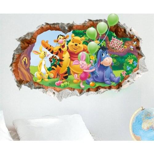 Winnie The Pooh Bear Wall Stickers For Kids Room Home Decoration 3d Broken Hole Cartoon Animals Mural Art Pvc Wall Decals Poster