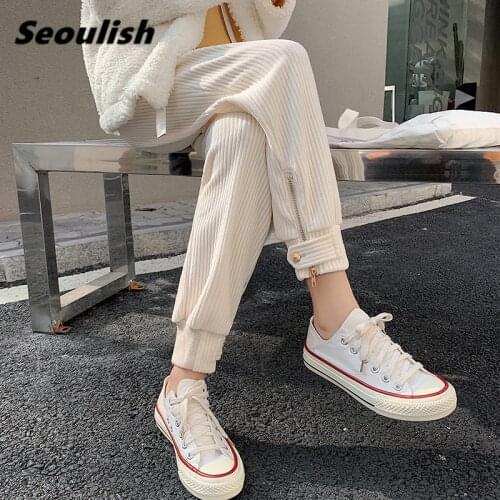 Seoulish Autumn Winter Corduroy Womens Pants Fashionable New 2021 Elatic High Waist Harem Pants Streetwear Loose Trousers
