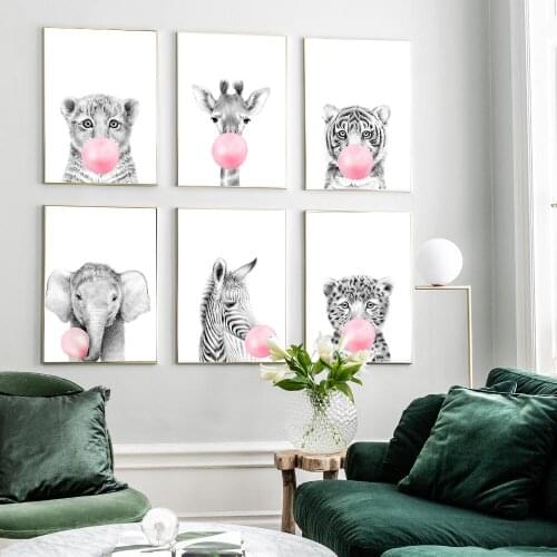 Pink Bubble Elephant Giraffe Poster Print Animal Nursery Wall Art Canvas Painting Child Picture Nordic Kids Baby Room Decoration