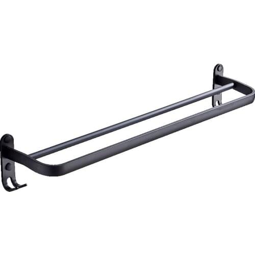 SHGO HOT-60 cm Wall Mount Black Towel Rack Aluminum Double Rod Towel Bar with Hook for Home Hotel Bathroom Shower Accessories