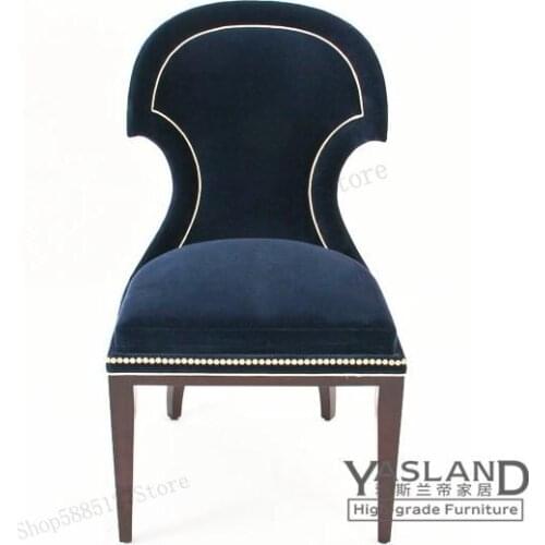 Customized Nordic Solid Wood Nail Chair Fabric Dark Blue Dining Chair American Neo-classical Personality Creative Single Chair C