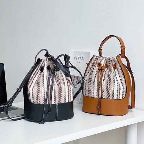 Women Drawstring Bucket Handbags Female Ladies Small Shoulder Bags Korean Style PU Leather Cotton Crossbody Bag Whole Sale