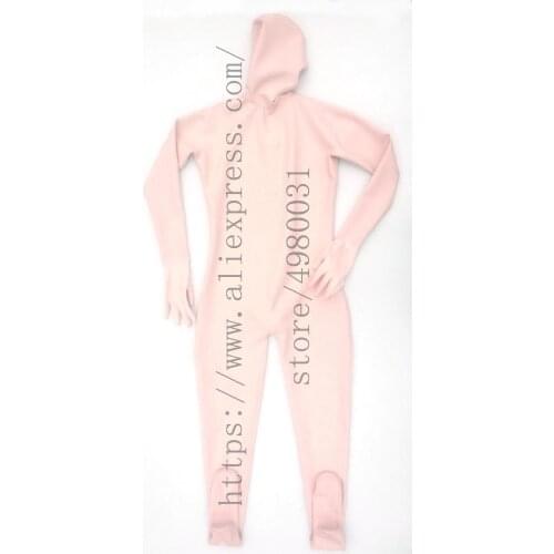 Ladys baby pink full body bdsm latex bondage catsuit with condom design what is made of 100% real natural latex materials