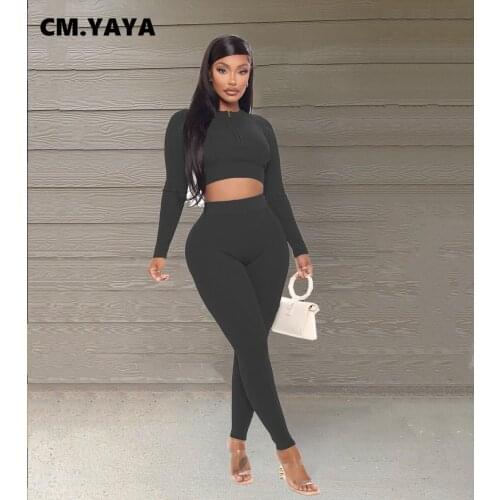 CM.YAYA Women Tracksuit Solid Crop Tops + Pencil Pants Two 2 Piece Sets Active Sweatsuits Fitness Sportswear Fashion Outfit Fall