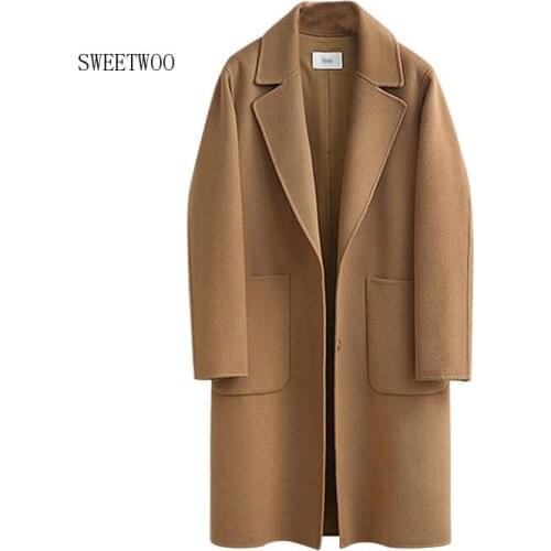 2020 Winter Black Coat For Women Wide Lapel Pocket Woollen Cloth & Polyester Wool Blend Coat Oversize Long Trench Coats Outwear