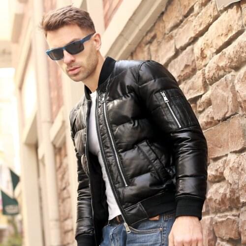 Winter Warm Men Genuine White Duck Down Flight Coats Large Size Real Leather Sheepskin Bomber Jackets Aviation