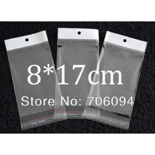 FreeShipping 8*17cm,1000pcs/lot Clear Self Adhesive Seal Poly Opp Plastic Bag With Header ,Hole Jewelry Earring Packing bag
