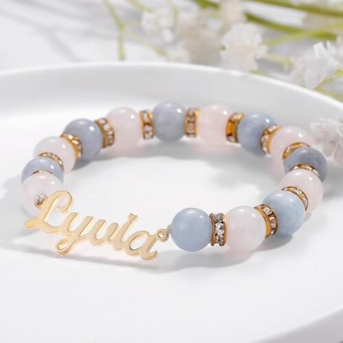 Custom Beaded Name Bracelet Stainless Steel Name Pendant Personalise Natural Reiki Gemstone Crystal Bracelet For Women Jewelry