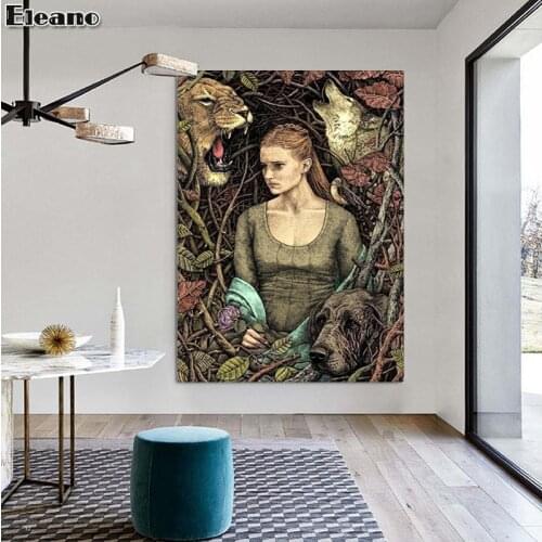 Flowers and Animals Woman Canvas Painting Wolf Crow Lion Poster Abstract Art Print Nordic Wall Art Picture Aesthetic Room Decor
