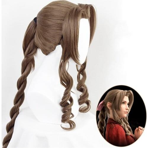 Final Fantasy VII Cosplay FF7 Aerith Gainsborough Wigs Cosplay Heat Resistant Synthetic Hair Brown Cosplay Wig + Free Wig Cap
