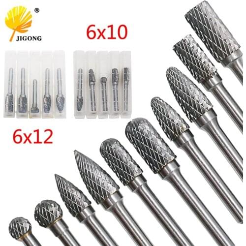 Carbide Burrs 5pcs 10/12mm Dia 6mm Shank Double Cut Tungsten Carbide Rotary File Cutting Burs Tool Rotary Drill Die Grinder Bits