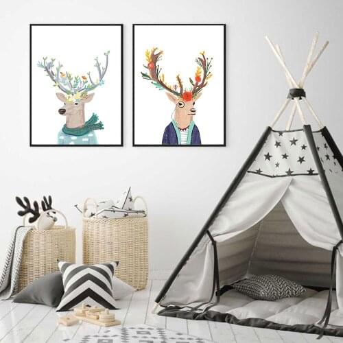 Nordic Cute Cartoon Elk Wearing Scarf and Smoking Poster Art Canvas Print Baby Nursery Wall Picture Painting Home Decoration