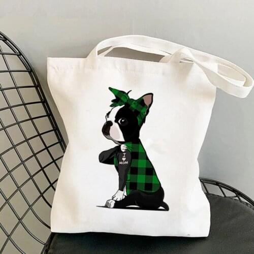 Shopper Plaid Bandanas Boston Terrier I LOVE MOM Printed Tote Bag women shopper handbag girl Shoulder shopping Lady Canvas Bag