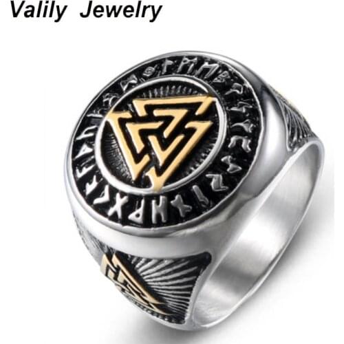 Valily Nordic Triangle Symbol Valknut Ring Stainless Steel character Thors Hammer Mjolnir Viking Ring for Men Punk rock Jewelry
