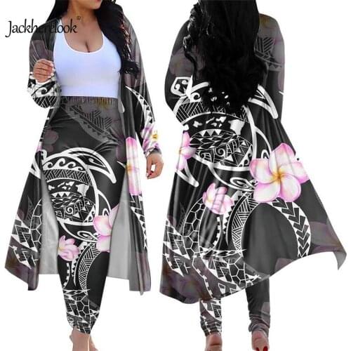 Jackherelook Womens Elegant Open Front Cardigan and Pants 2Set Hawaii Turtle Hibiscus Polynesian Tribal Print Two Piece Outfits