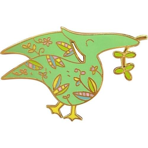 Pretty Green Flower Hard Enamel Pins Cute Flying Animal Pterodactyl Brooch Fashion Lapel Badge Backpack Accessories Jewelry Gift
