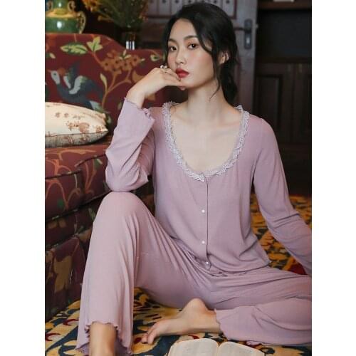 2021 New Solid Color Pajamas Womens Spring Autumn Long-sleeved Sweet Home Service Korean Casual Loose Large Size Home Service