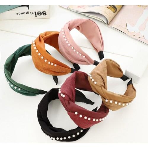 New Style Pure Color Fabric Ladies Headband, Exquisite Pearl, Wide Side Folds, Cross Hair Accessories, Headband