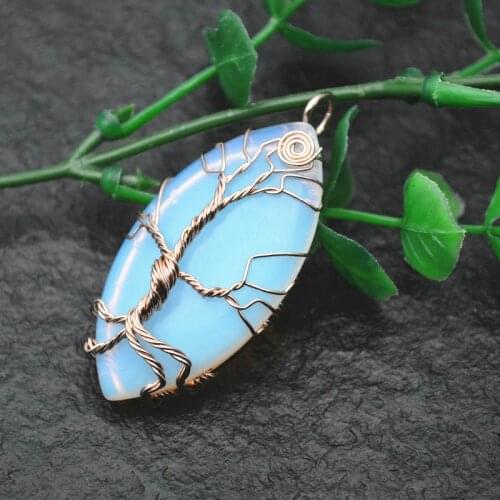 Natural Gemstone Winding Wire Life Tree Guard Long Oval Pendant Fit Necklace Fine Jewelry DIY Making Supplies