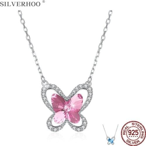 SILVERHOO 925 Sterling Silver Pendant Necklace For Women The Butterfly Shape Austria Crystal Necklace Party Fine Jewelry New