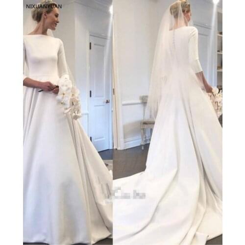A Line 2021 Wedding Dresses With Three Quarter Sleeve New Meghan Markle Style Vintage Bateau Covered Buttons Back Simple Bridal