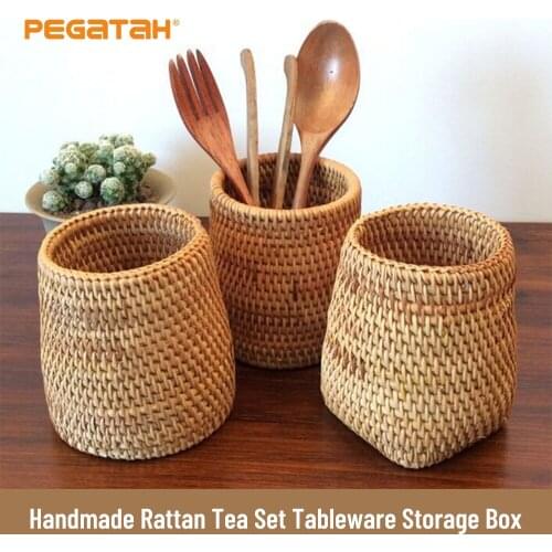Manual Rattan Tableware Storage Box Chopsticks Tube Shovel Spoons Bucket Dinner Knives Forks Home Storage Baskets Organizer