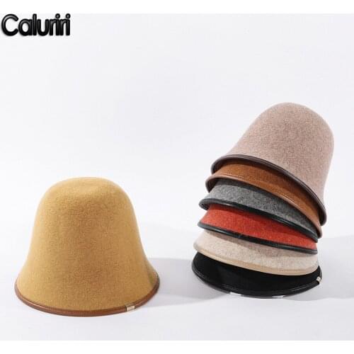 Wool Bucket Hat Women Autumn Winter Cap Wool PU Fisherman Hats Vintage Solid Color Casual Bob Hat Female Simple Gorro New ZZ-318