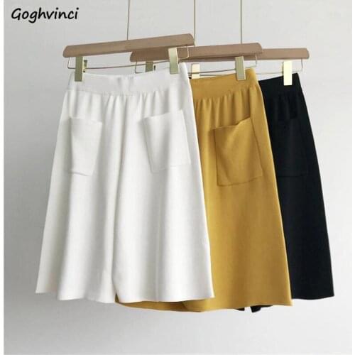 Shorts Women Front Pockets Vintage Solid Fashion High Waist Loose Wide Leg Trousers Office Lady Knee Length Casual All-match Ins