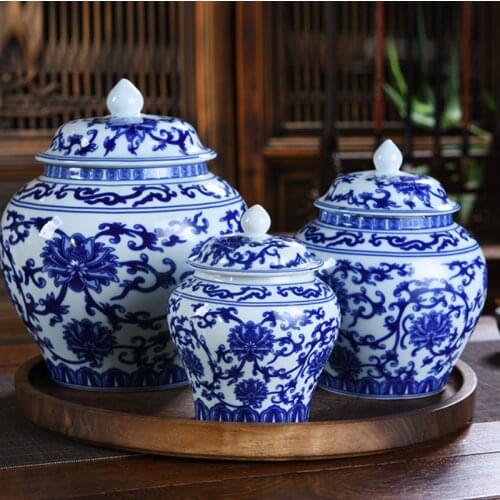 Chinese Style Blue and White Porcelain Tea Caddy Household Candy Coffee Grain Drugs Sealed Storage Box Ceramic Home Decoration