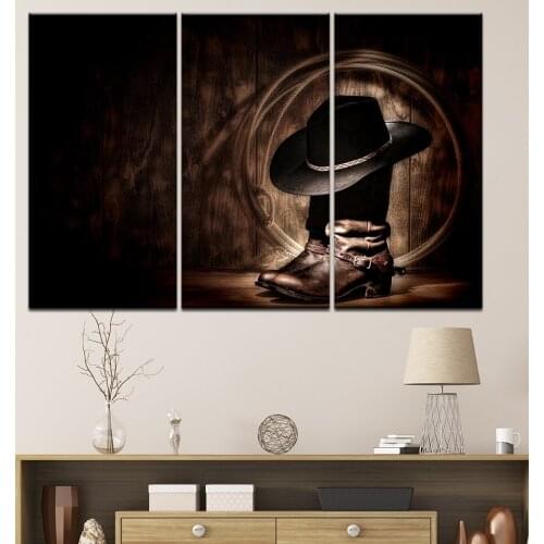 Modern home decor 3 pcs of modular canvas poster cowboy hat leather shoes picture HD printing canvas bedroom wall art picture