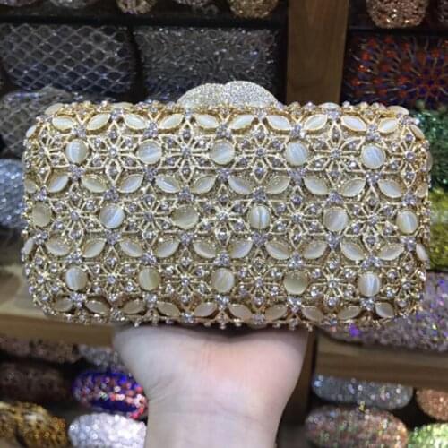 Women gold silver stone Crystal Evening bag Clutch purse Minaudiere Bags Ladies Metal Clutches Wedding Handbag Party gift Bag