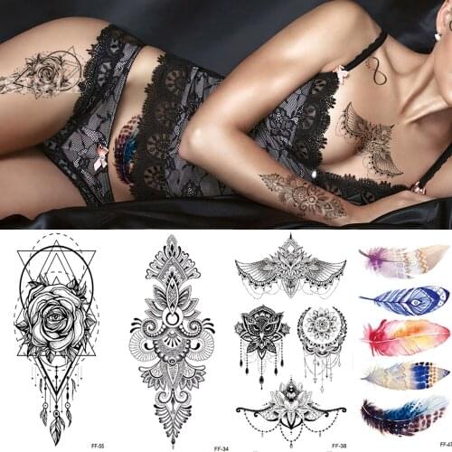 Temporary Black Jewelry Triangle Fake Tattoo Stickers Watercolor Rose Flower Women Tattoos Girl Kids Cartoon Body Art Arm Tatoo