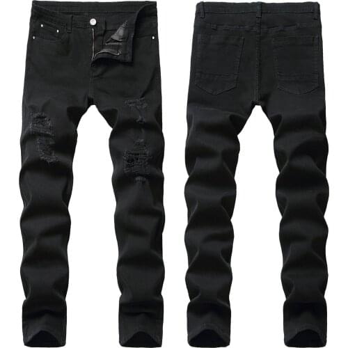 2021 High Quality Men’s Stretch Black Denim Pants,Slim-fit Ripped Jeans,Classic Style White-washed Casual Jeans,Youth Cool Must
