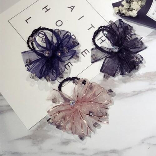 Women Korean Modal Hair Rope Girl Crystal Flower Lace Bow Tie Hair Ties Female High Elastic Mesh Head Bands