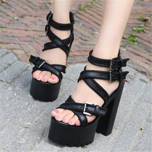Sandals Woman Platform Punk Shoes Waterproof PU Buckle Strap 15CM Thick High Heels Round Toe waterproof Party womens shoes black