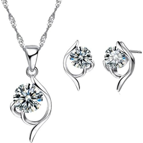 Latest Shinning Woman 925 Sterling Silver Jewelry CZ Pendant Necklace Earring Lady Wedding Engagement Set With Box