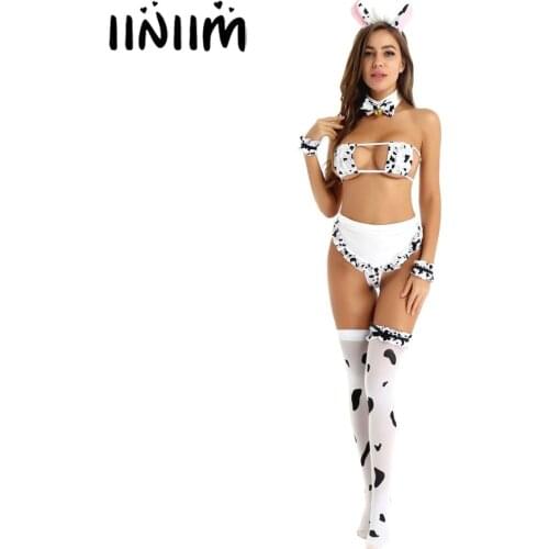 Womens Ladies Cute Anime Cow Cosplay Exotic Costume Japanese Milk Bikini Lingerie Set for Role Play Kawaii Parties Clubwear
