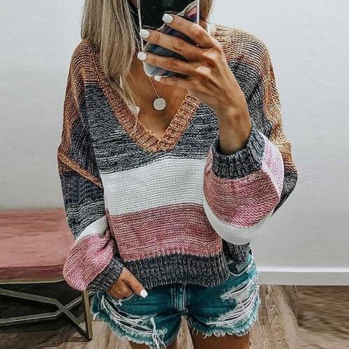 Women Autumn V Neck Long Sleeve Color Block Patchwork Knitted Sweater Pullover 2XL