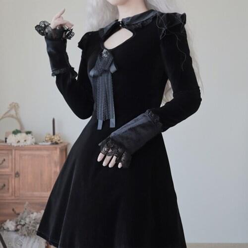 Women Gothic Punk Style Hollow Out Long Sleeve Sexy Black Dress Kawaii Cute Girl Velvet Bow Dresses Cosplay Lace Short Dress