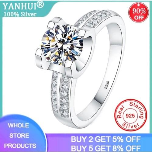 YANHUI Genuine 925 Sterling Silver 2.0ct Zirconia Diamond Wedding Rings for Women Four Claw Rings Fine Jewelry Gift Carving S925