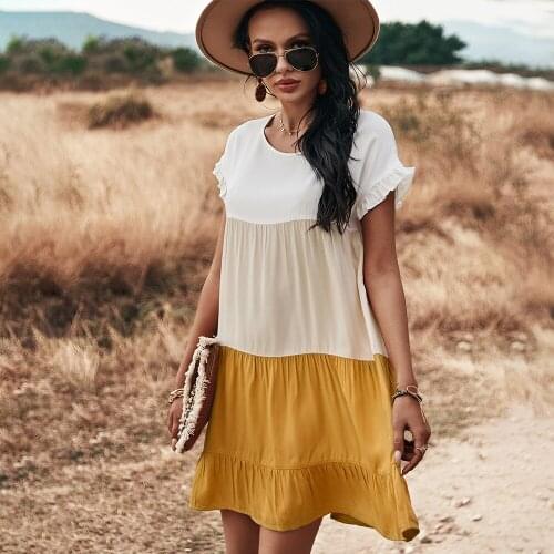 European and American Round Neck Stitching Womens High Waist Dress 2022 Spring and Summer Large Swing Comfortable Skirt