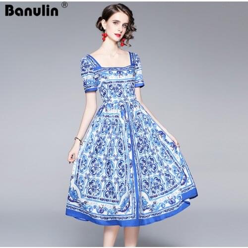 Runway Summer Beach Boho Floral Dress Womens Square Collar Blue and White Porcelain Flower Print Pleated Midi Vestidos N61388
