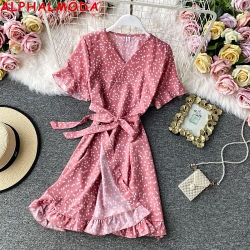 ALPHALMODA Ruffled Chiffon Dress Short Sleeve 2020 Summer New V-neck High Waist Fashion Sashes Button Dress for Women