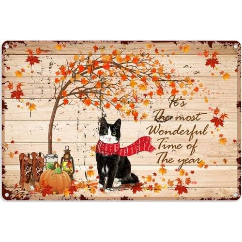 Pumpkins Art in Metal Signs Black White Cat Its The Most Wonderful Time of The Year Tin Sign Decoration Vintage Metal Poster