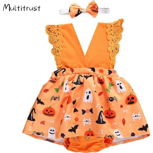 0-18M Newborn Halloween Outfit Sleeveless V-neck Cartoon Bodysuits Dress+ Bow Headband 2pcs