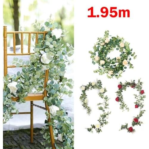 1.95M Artificial Eucalyptus Rose Rattan Fake Flower String Wall Hanging Garland Decor for Wedding Party Table Chair Backdrop